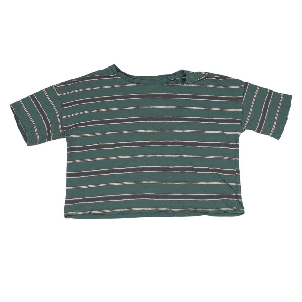 American Eagle Womens Shirt XS Cropped Green Gray Striped Short Sleeve Casual